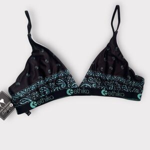 NWT. Ethika Black and Teal Triangle Bralette Bandana Print